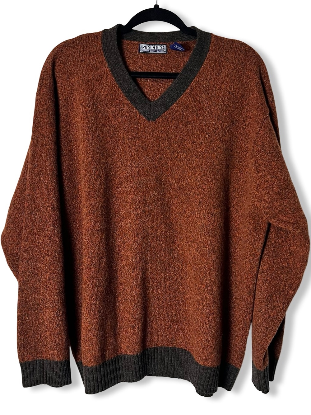 Structure Mens V-neck Sweater Vintage Rust Brown Colorblock 90s Sz. XL